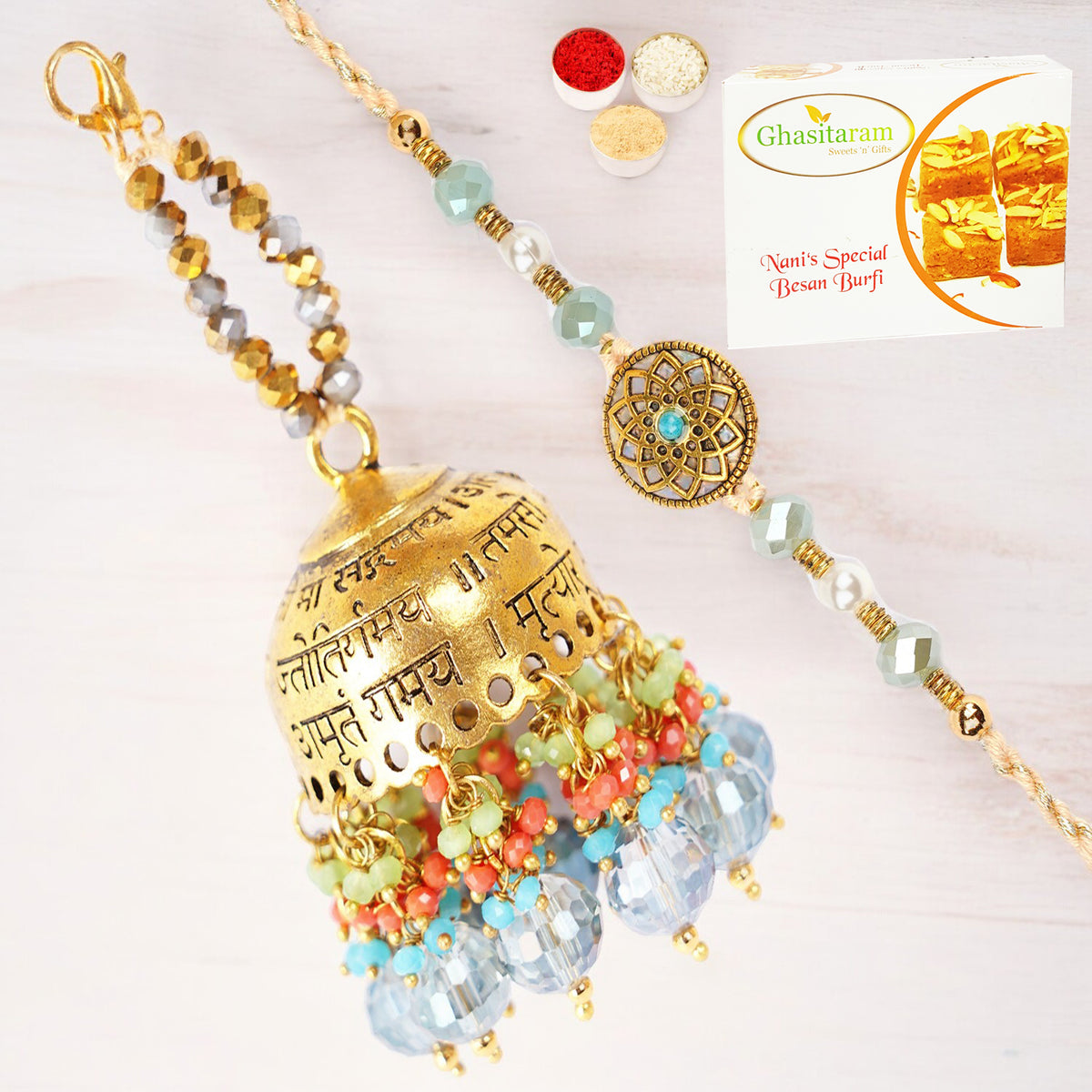 Rakhis Online UK-RM-270 Bhaiya Bhabhi Rakhi with 200 gms Besan Barfi