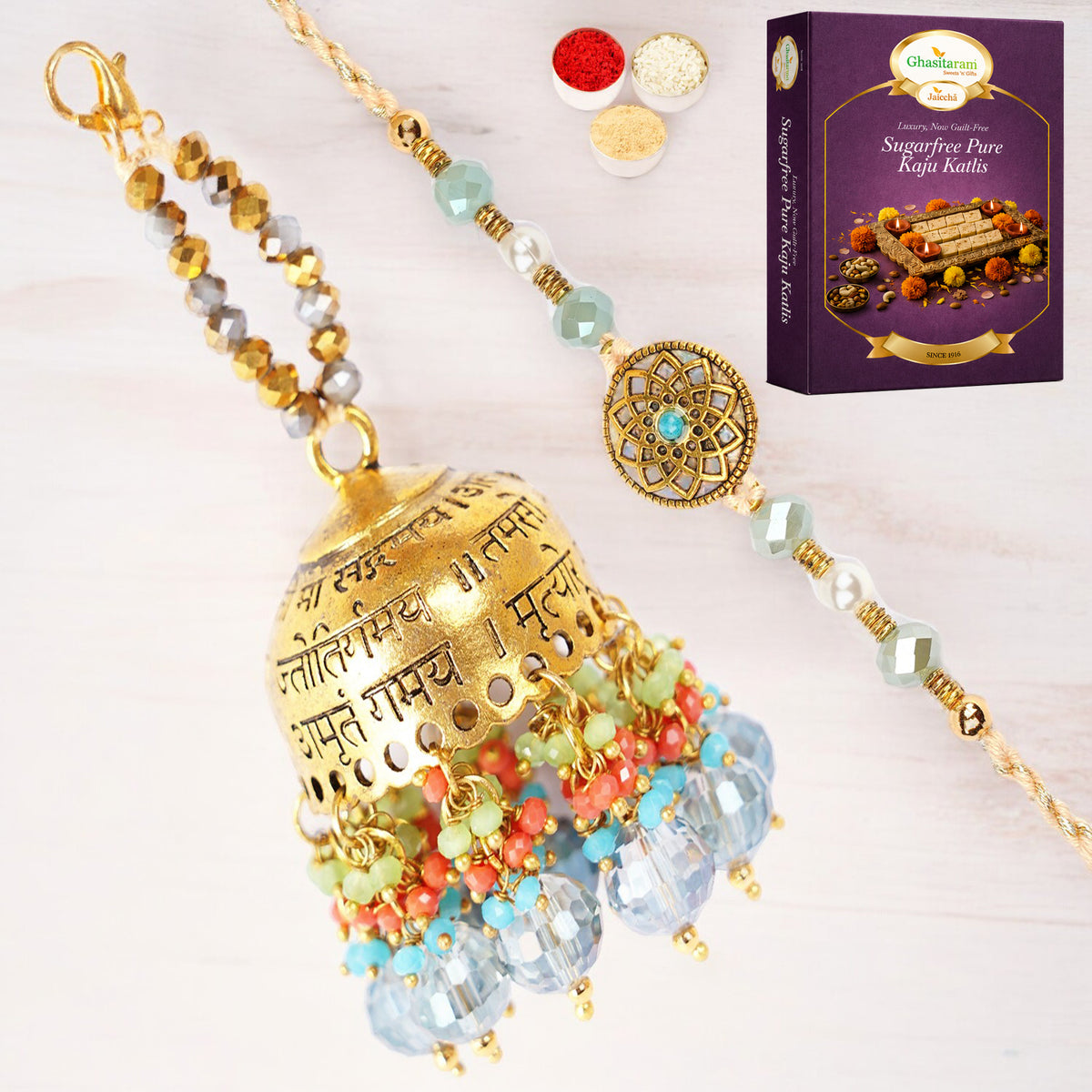 RM-270 Bhaiya Bhabhi Rakhi with 200 gms of Sugarfree Kaju katli