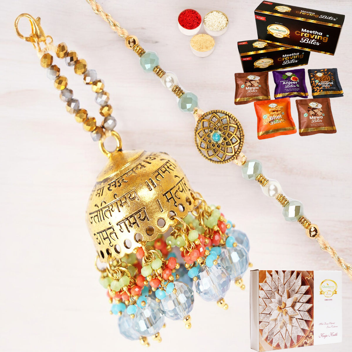 RM-270 Bhaiya Bhabhi Rakhi with Asorted bites box and 200 gms of Kaju katli