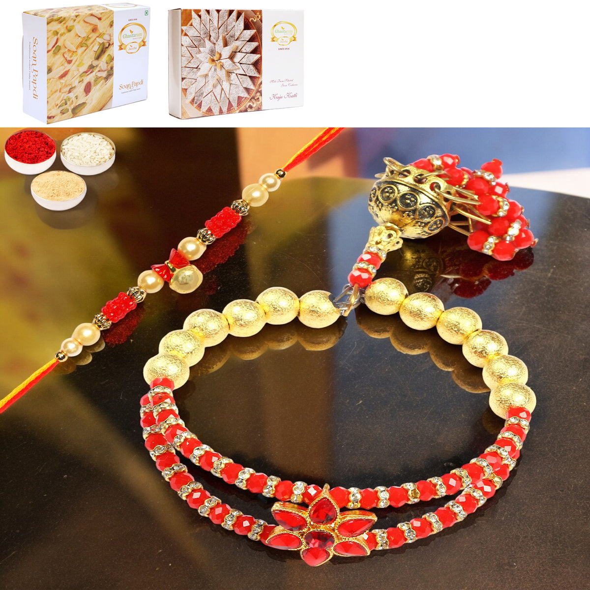T-101 Bhaiya Bhabhi Rakhi with 200 gms of Kaju katli and 200 gms of Soan Papdi