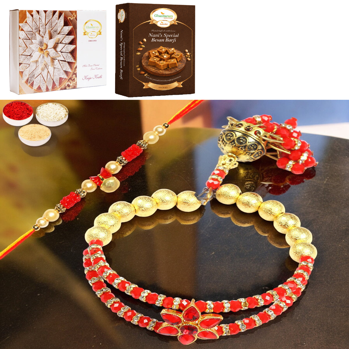 T-101 Bhaiya Bhabhi Rakhi with 200 gms of Besan Barfi and 200 gms of Kaju Katli
