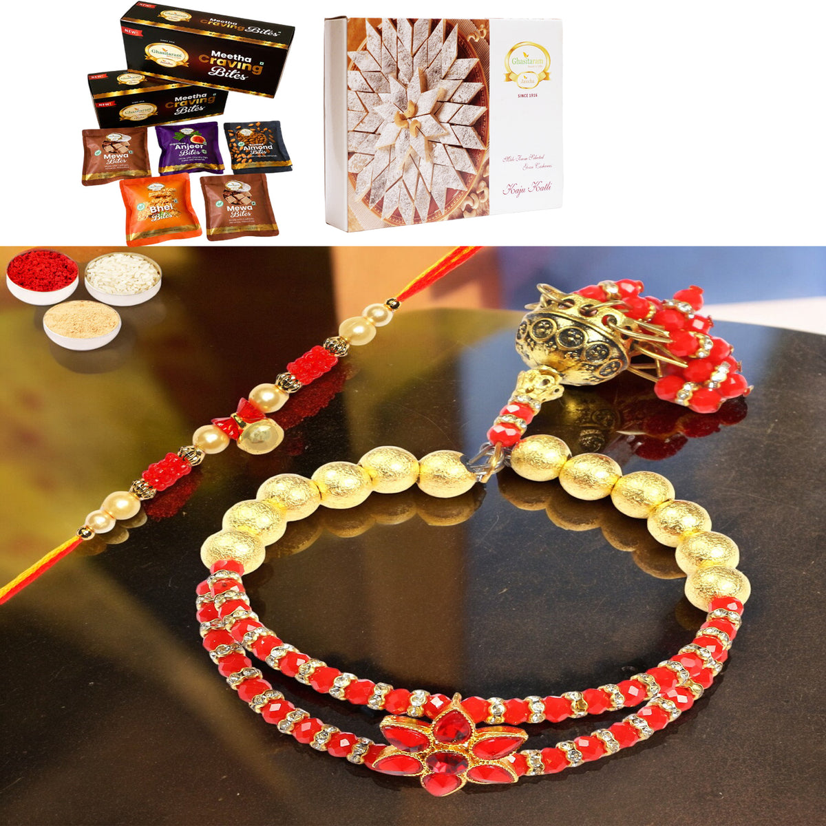 T-101 Bhaiya Bhabhi Rakhi with Asorted bites box and 200 gms of Kaju katli