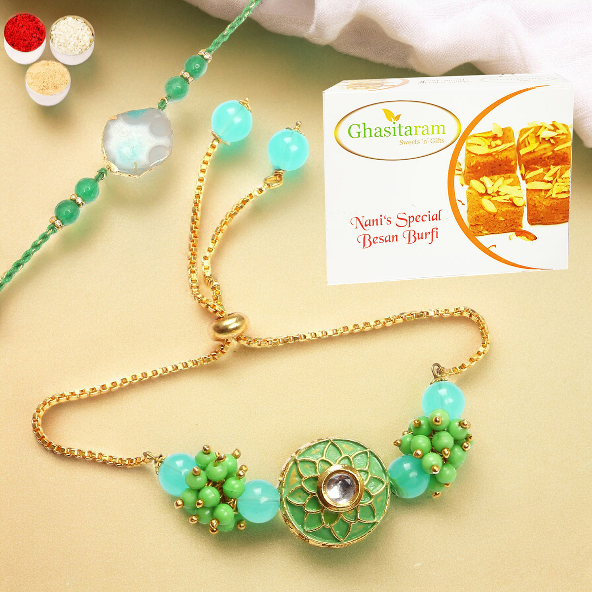 Rakhis Online Australia- T-12 Green Stone Bhaiya Bhabhi Rakhi with 200 gms Besan Barfi