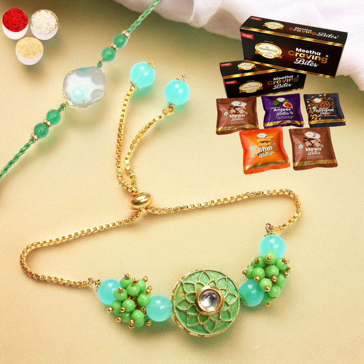 T-12 Green Stone Bhaiya Bhabhi Rakhi with Asorted bites box