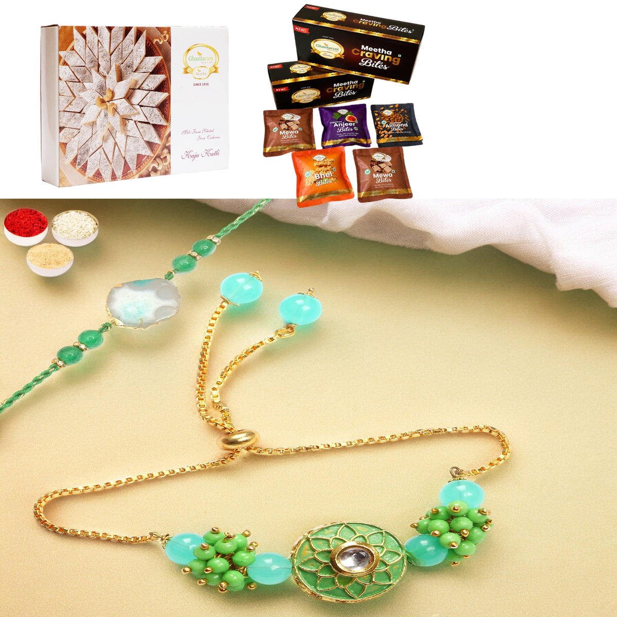 T-12 Green Stone Bhaiya Bhabhi Rakhi with Asorted bites box and 200 gms of Kaju katli