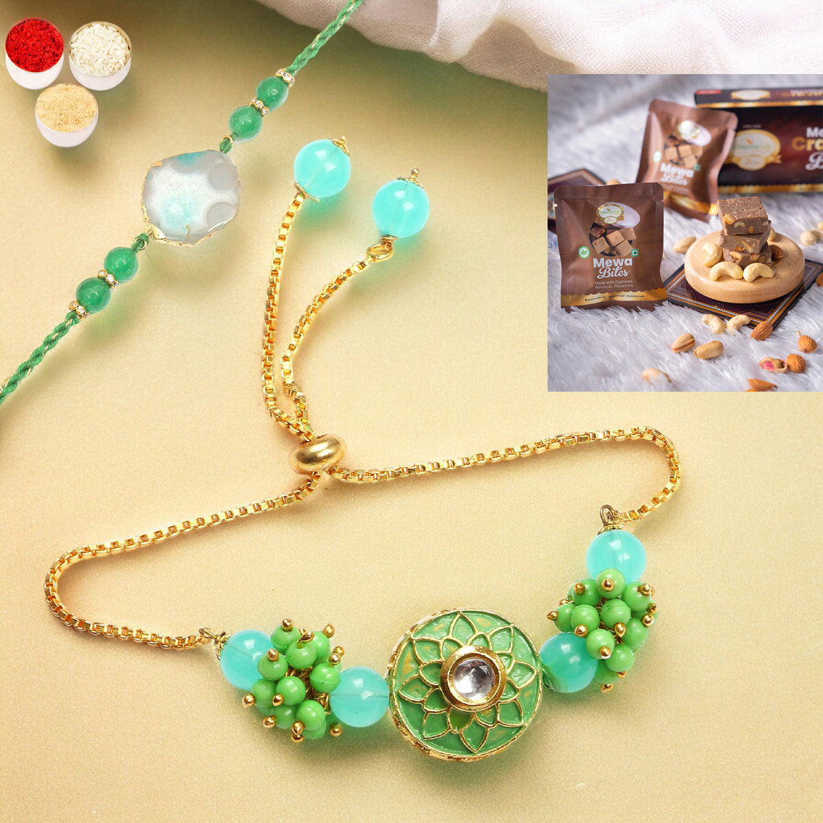 Rakhis Online UK-T-12 Green Stone Bhaiya Bhabhi Rakhi with  Mewa Bites box