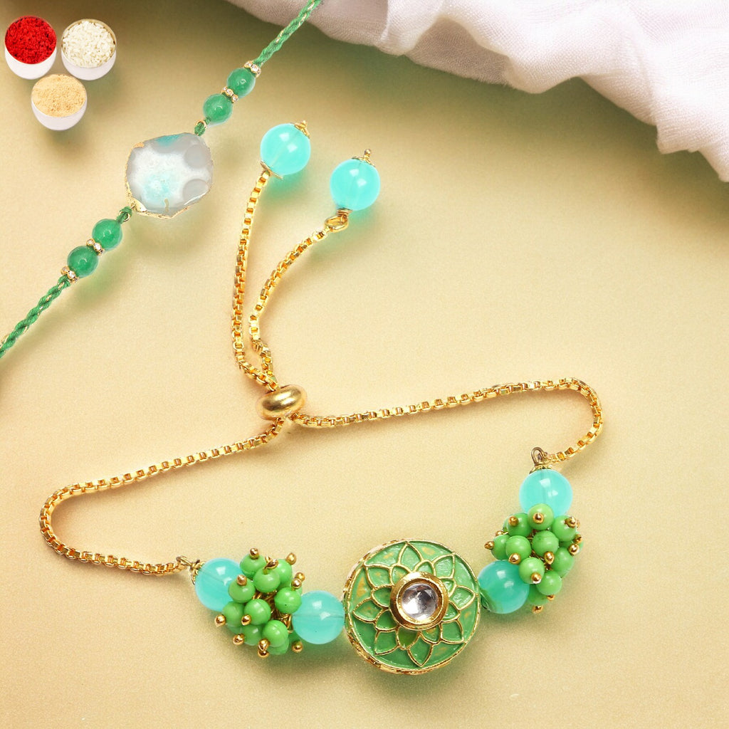 Rakhis Online USA- T-12 Green Stone Bhaiya Bhabhi Rakhi