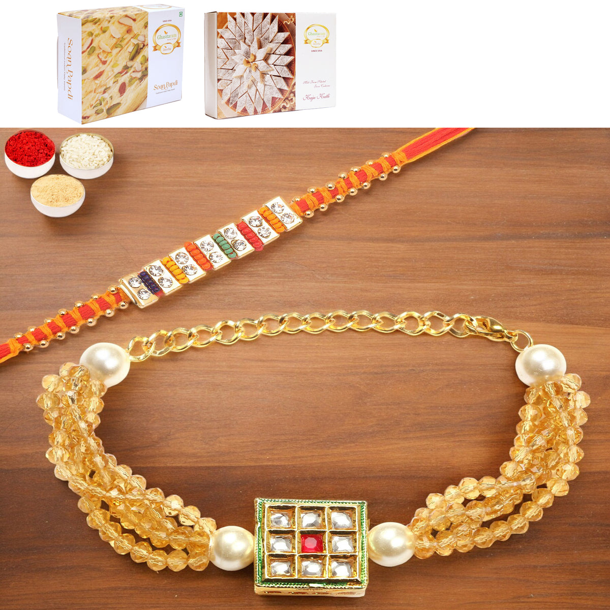 T-19 Bhaiya Bhabhi Rakhi with 200 gms of Kaju katli and 200 gms of Soan Papdi