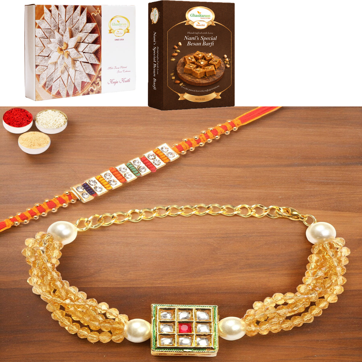 T-19 Bhaiya Bhabhi Rakhi with 200 gms of Besan Barfi and 200 gms of Kaju Katli