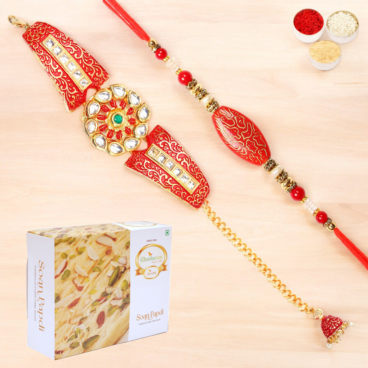 T-1 Red Bracelet Bhaiya Bhabhi Rakhi with 400 gms of Soan Papdi