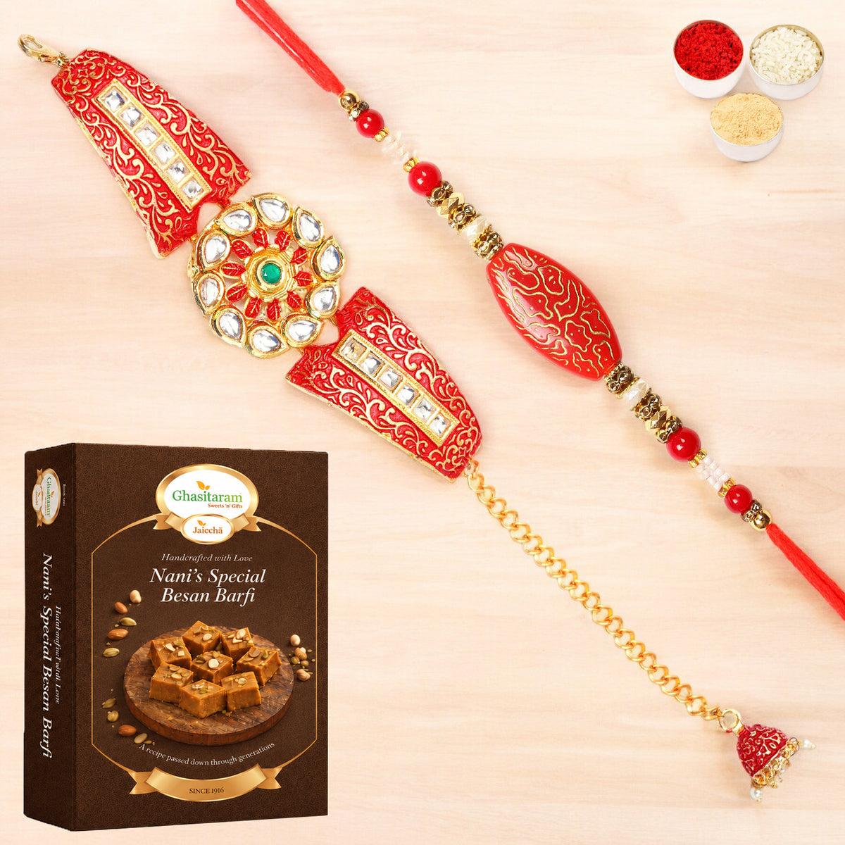 T-1 Red Bracelet Bhaiya Bhabhi Rakhi with 400 gms of Besan Barfi