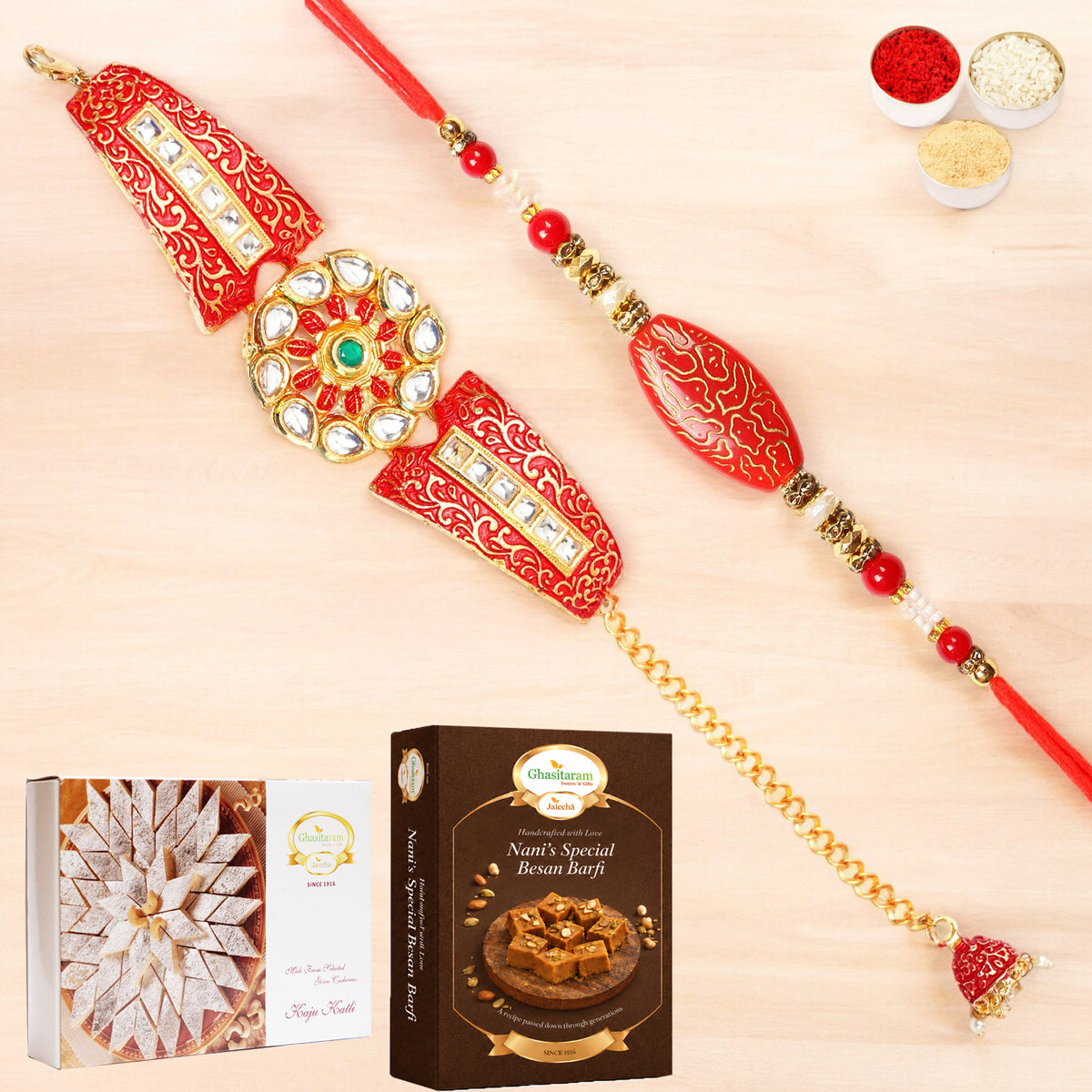 T-1 Red Bracelet Bhaiya Bhabhi Rakhi with 200 gms of Besan Barfi and 200 gms of Kaju Katli