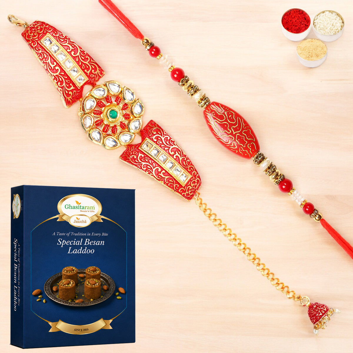 T-1 Red Bracelet Bhaiya Bhabhi Rakhi with 200 gms of Besan Laddoo