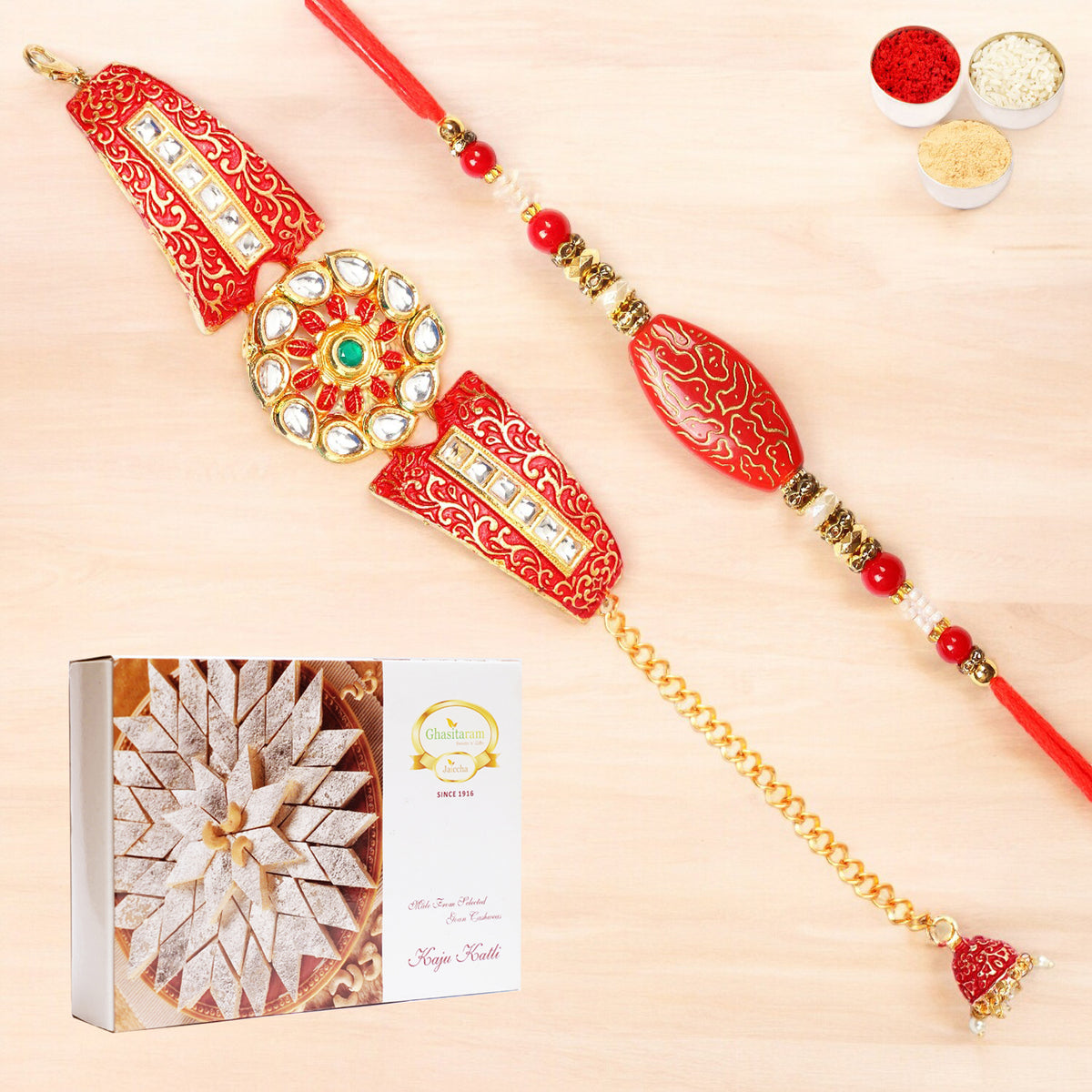 T-1 Red Bracelet Bhaiya Bhabhi Rakhi with 400 gms of Kaju katli