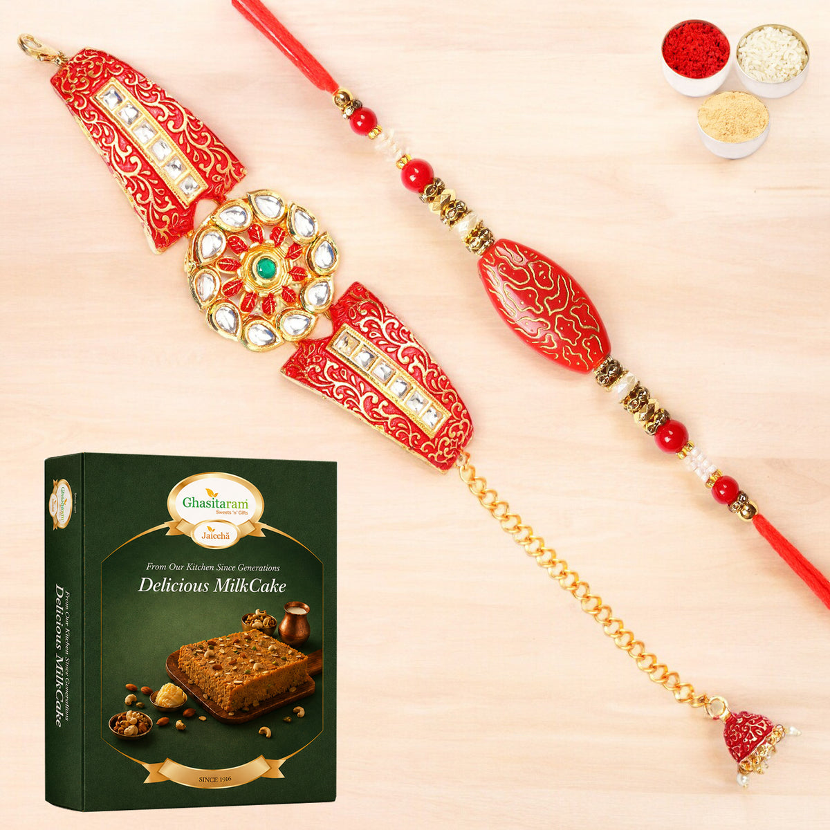T-1 Red Bracelet Bhaiya Bhabhi Rakhi with 200 gms of Milk Cake