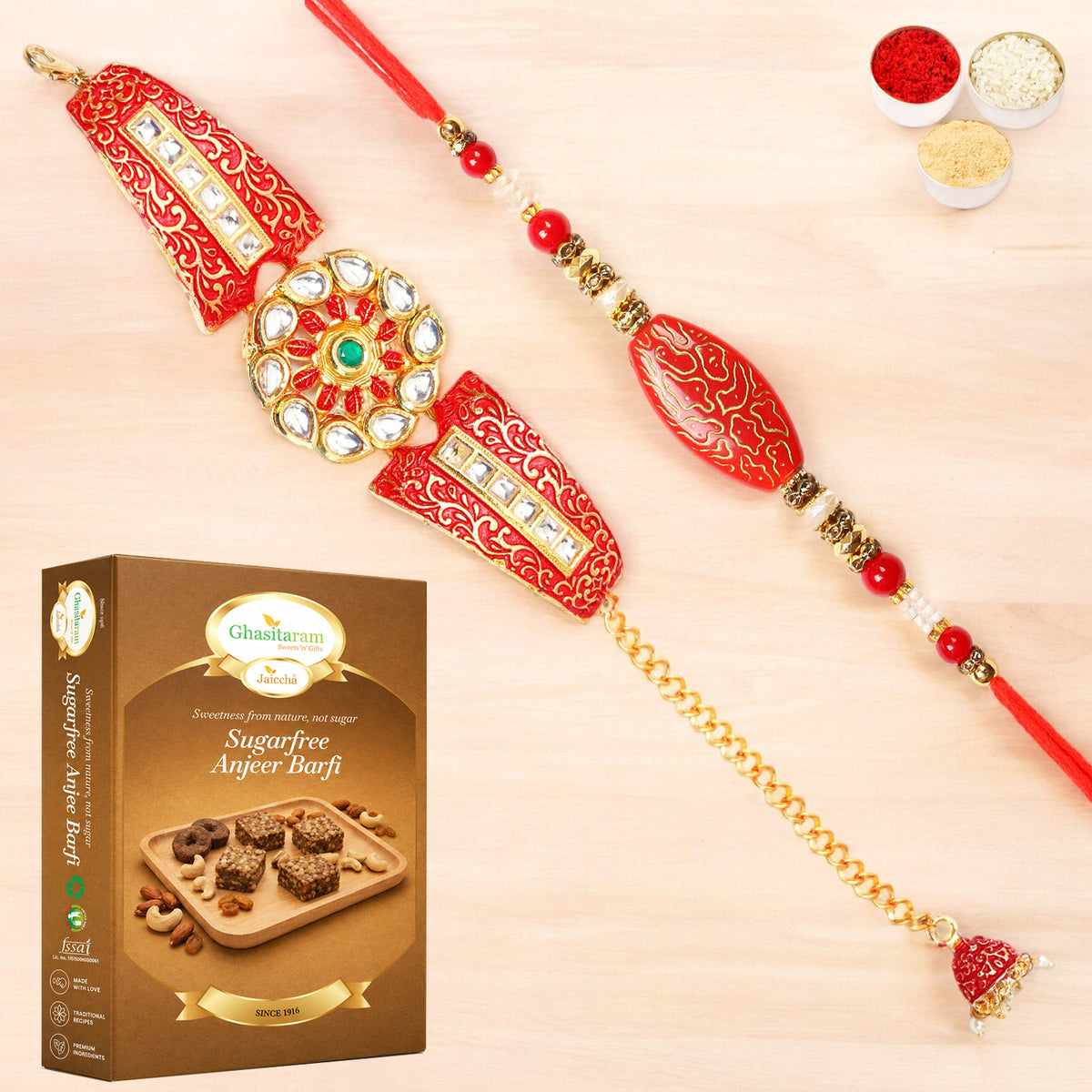 T-1 Red Bracelet Bhaiya Bhabhi Rakhi with 200 gms of Sugarfree Anjeer Barfi