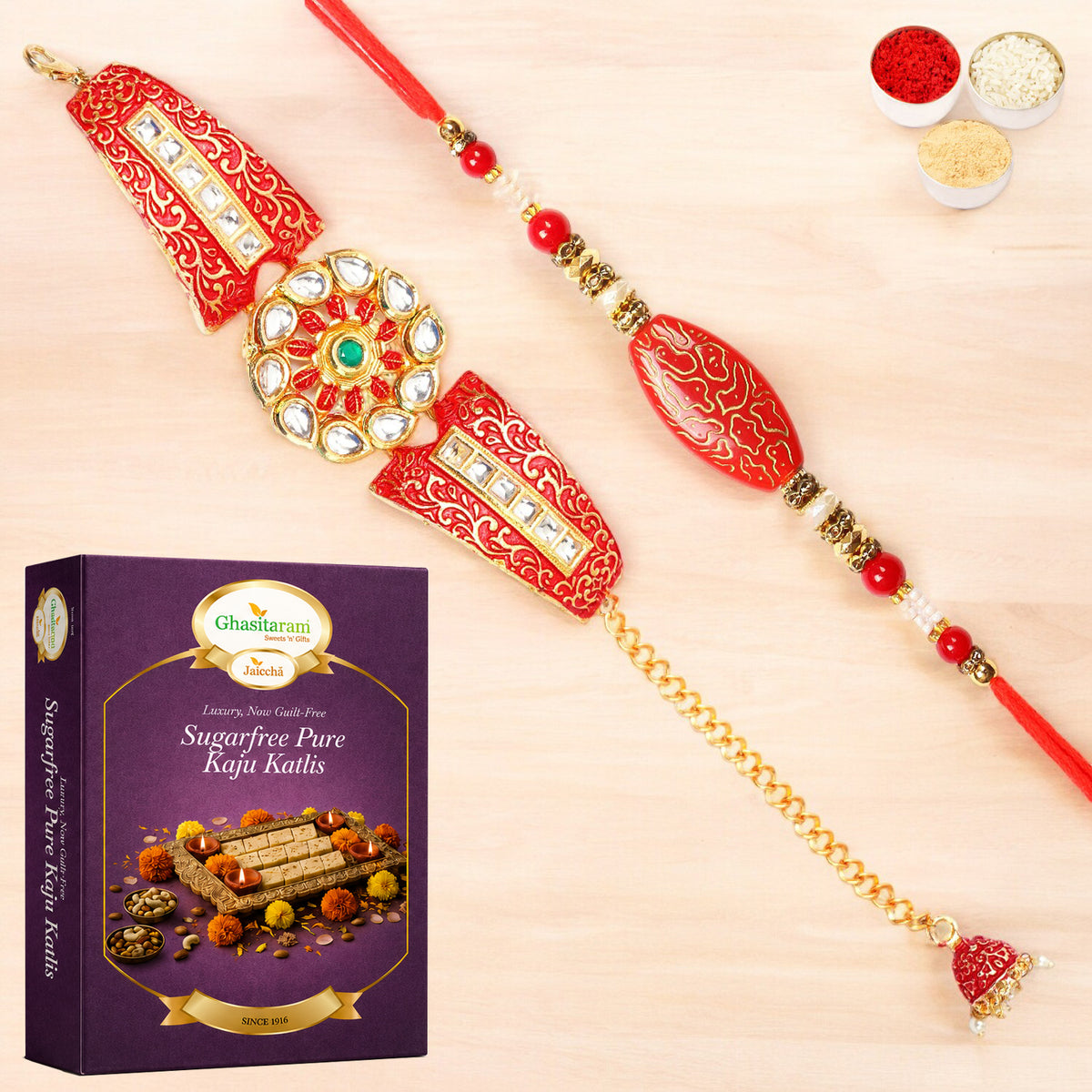 T-1 Red Bracelet Bhaiya Bhabhi Rakhi with 200 gms of Sugarfree Kaju katli