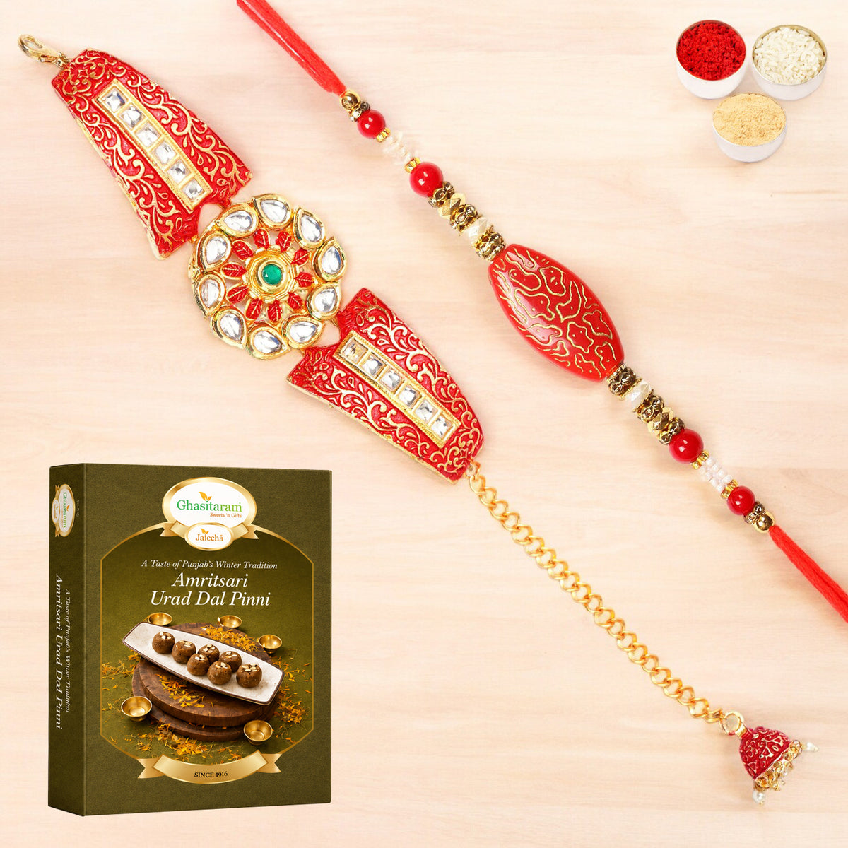T-1 Red Bracelet Bhaiya Bhabhi Rakhi with 200 gms of Pinni 