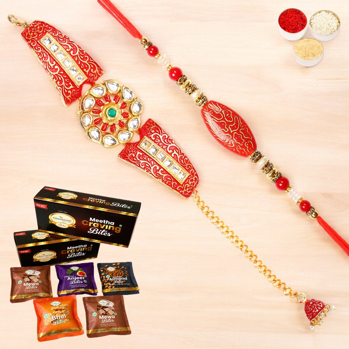 T-1 Red Bracelet Bhaiya Bhabhi Rakhi with Asorted bites box