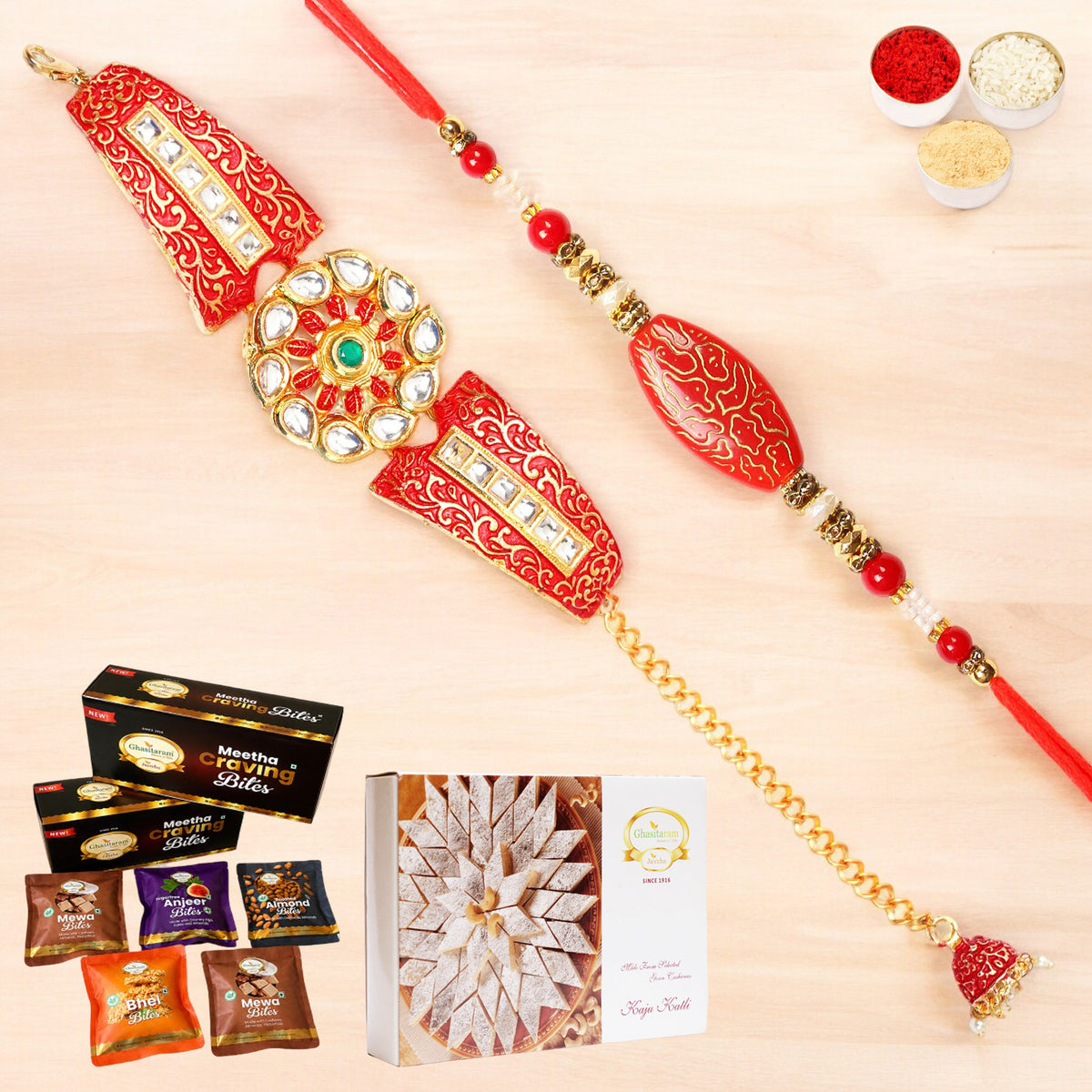 T-1 Red Bracelet Bhaiya Bhabhi Rakhi with Asorted bites box and 200 gms of Kaju katli