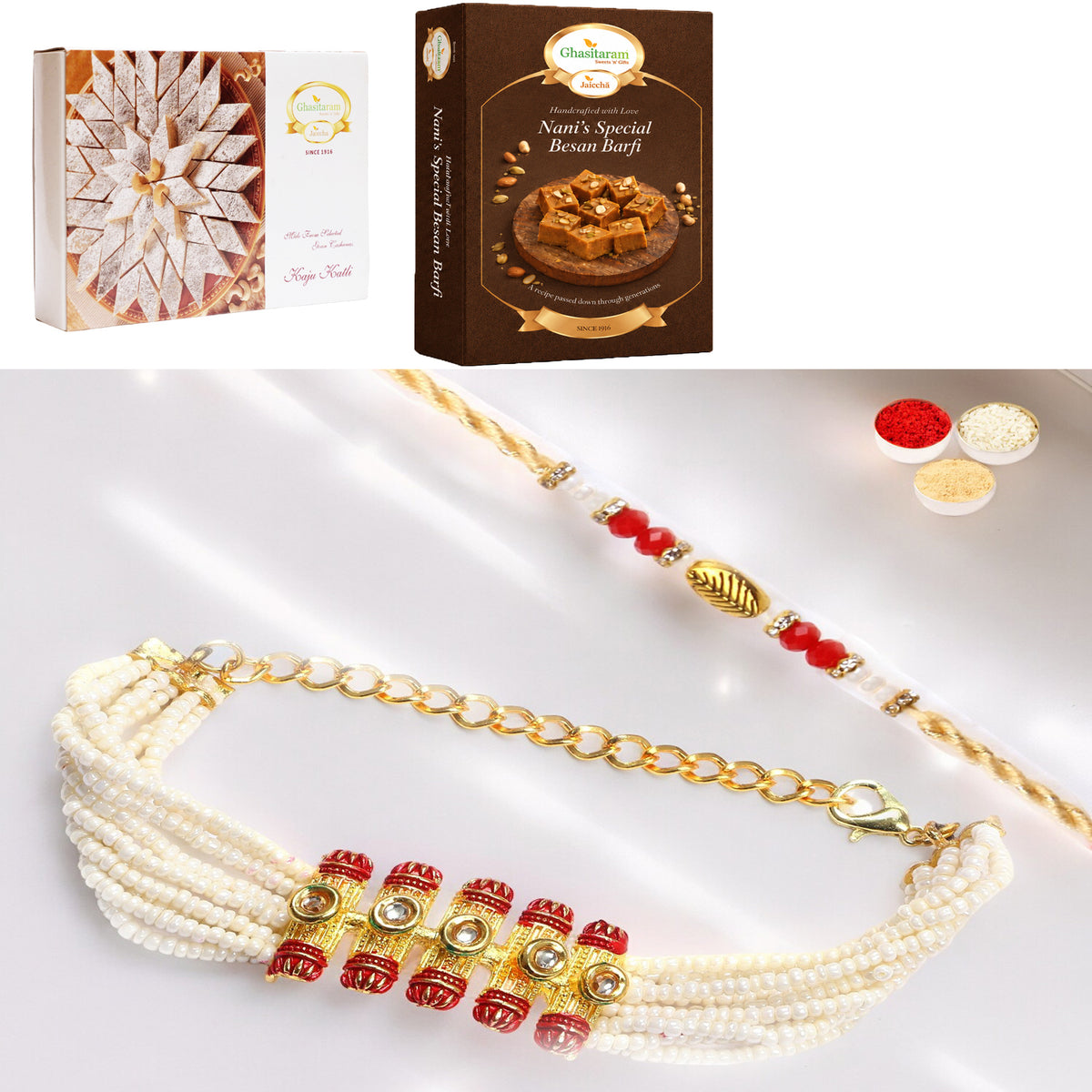 T-24 Bhaiya Bhabhi Rakhi with 200 gms of Besan Barfi and 200 gms of Kaju Katli