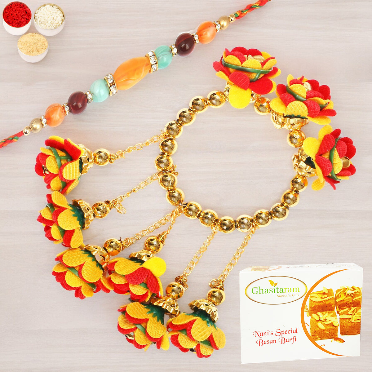 Rakhis Online Australia- TK-27 Bhaiya Bhabhi Rakhi with 200 gms Besan Barfi