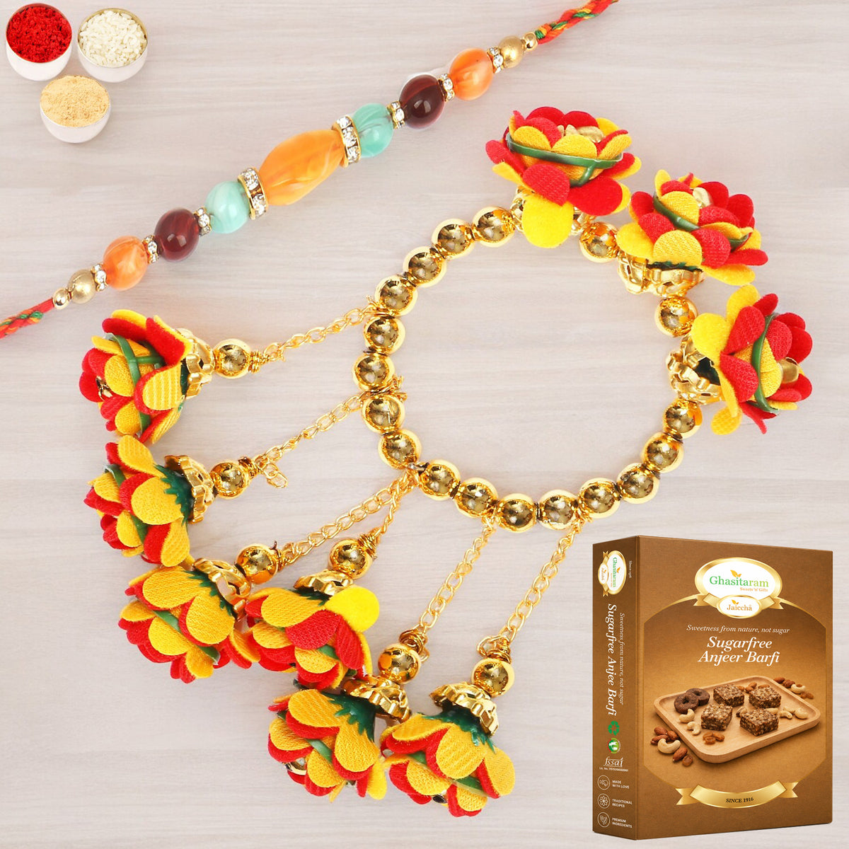 TK-27 Bhaiya Bhabhi Rakhi with 200 gms of Sugarfree Anjeer Barfi
