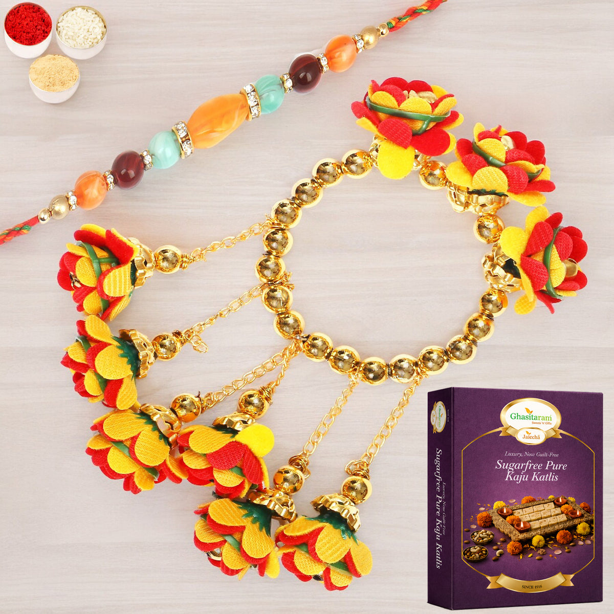 TK-27 Bhaiya Bhabhi Rakhi with 200 gms of Sugarfree Kaju katli