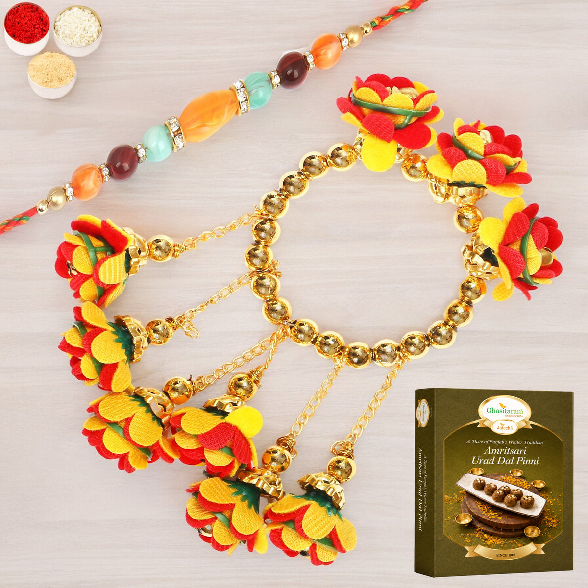 TK-27 Bhaiya Bhabhi Rakhi with 200 gms of Pinni 