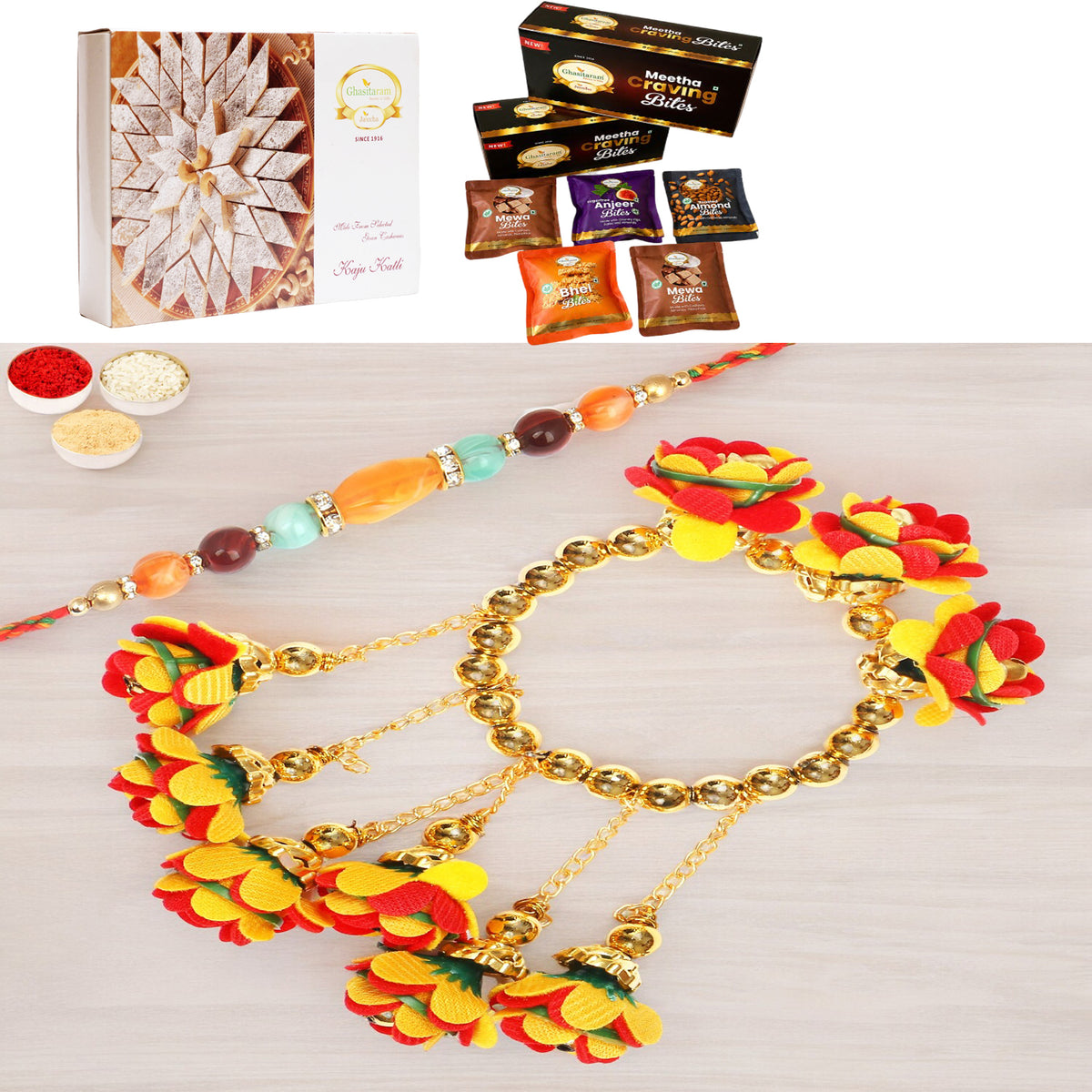 TK-27 Bhaiya Bhabhi Rakhi with Asorted bites box and 200 gms of Kaju katli