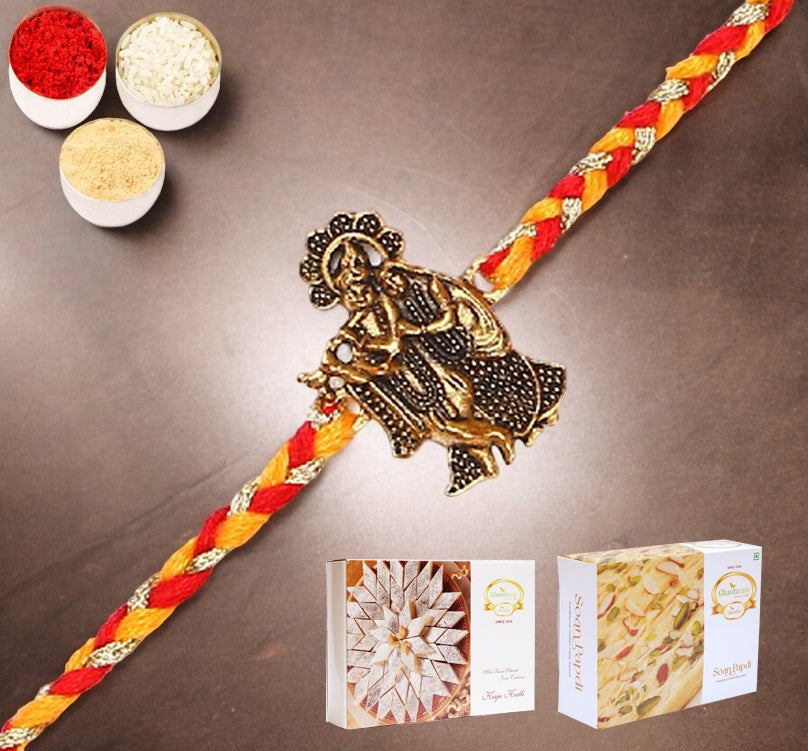 L-1 Krishna Rakhi with 200 gms of Kaju katli and 200 gms of Soan Papdi