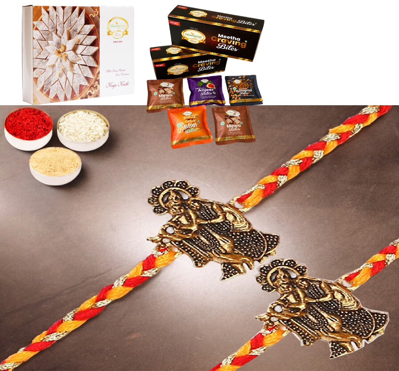 Set of 2 - L-1 Krishna Rakhis with Asorted bites box and 200 gms of Kaju katli