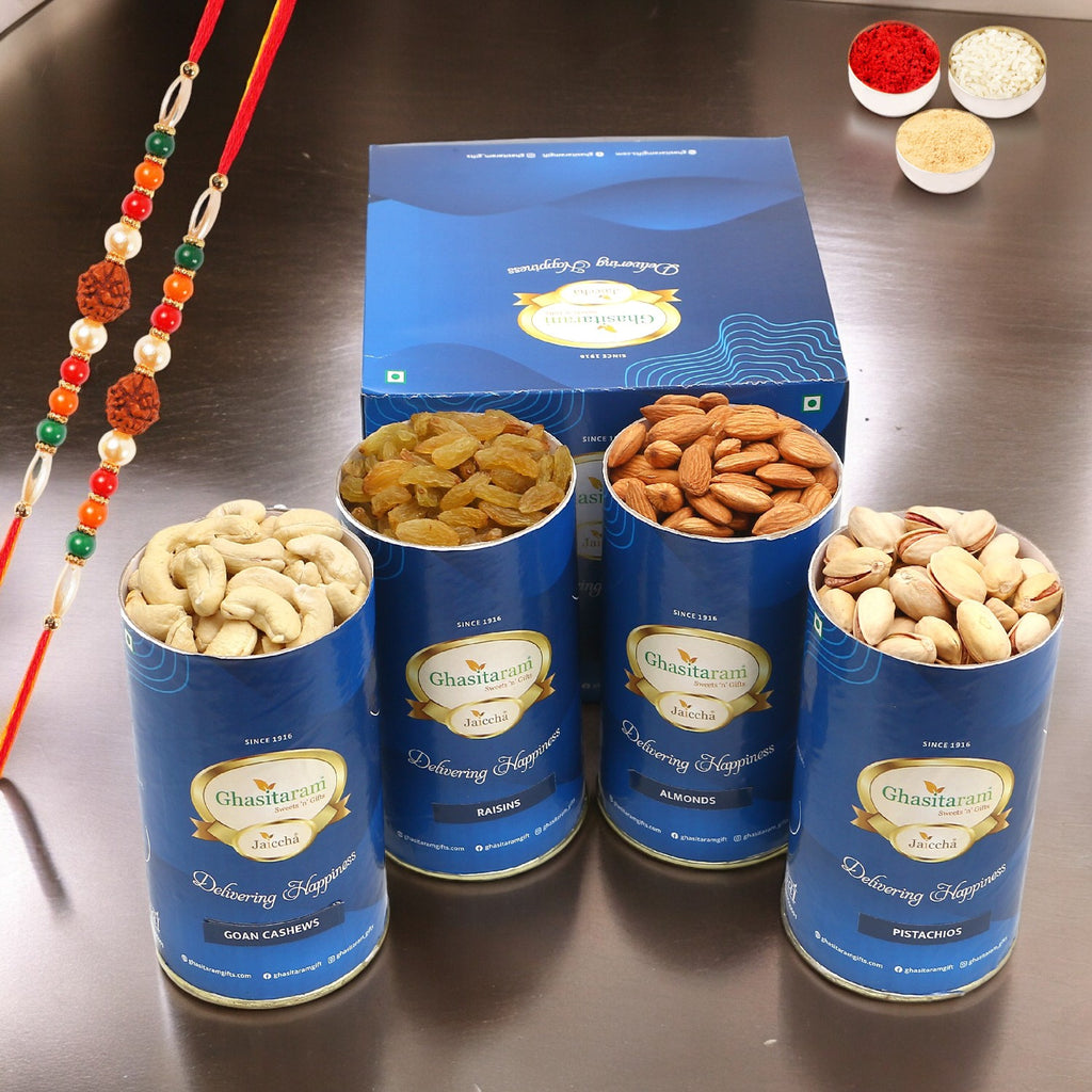 Rakhi Gifts-Cashews, Almonds, Pistachios, Raisins Cans With 2 rudraksh rakhis