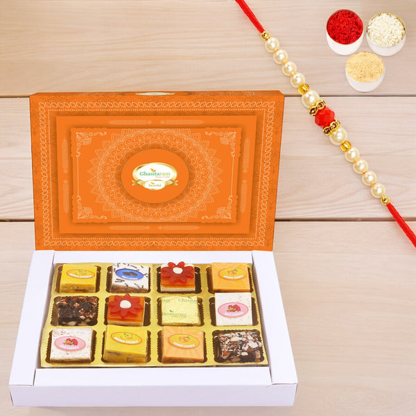 All Bites Sweets Box (12 pcs) with Pearl Beads Rakhi | Rakhi Sweets | Gift for Bhai