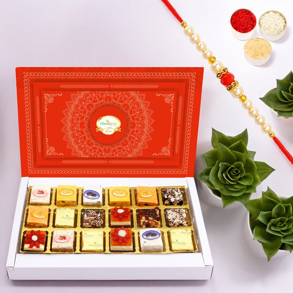 All Bites Sweets Box (12 pcs) with Pearl Beads Rakhi | Rakhi Sweets | Gift for Bhai