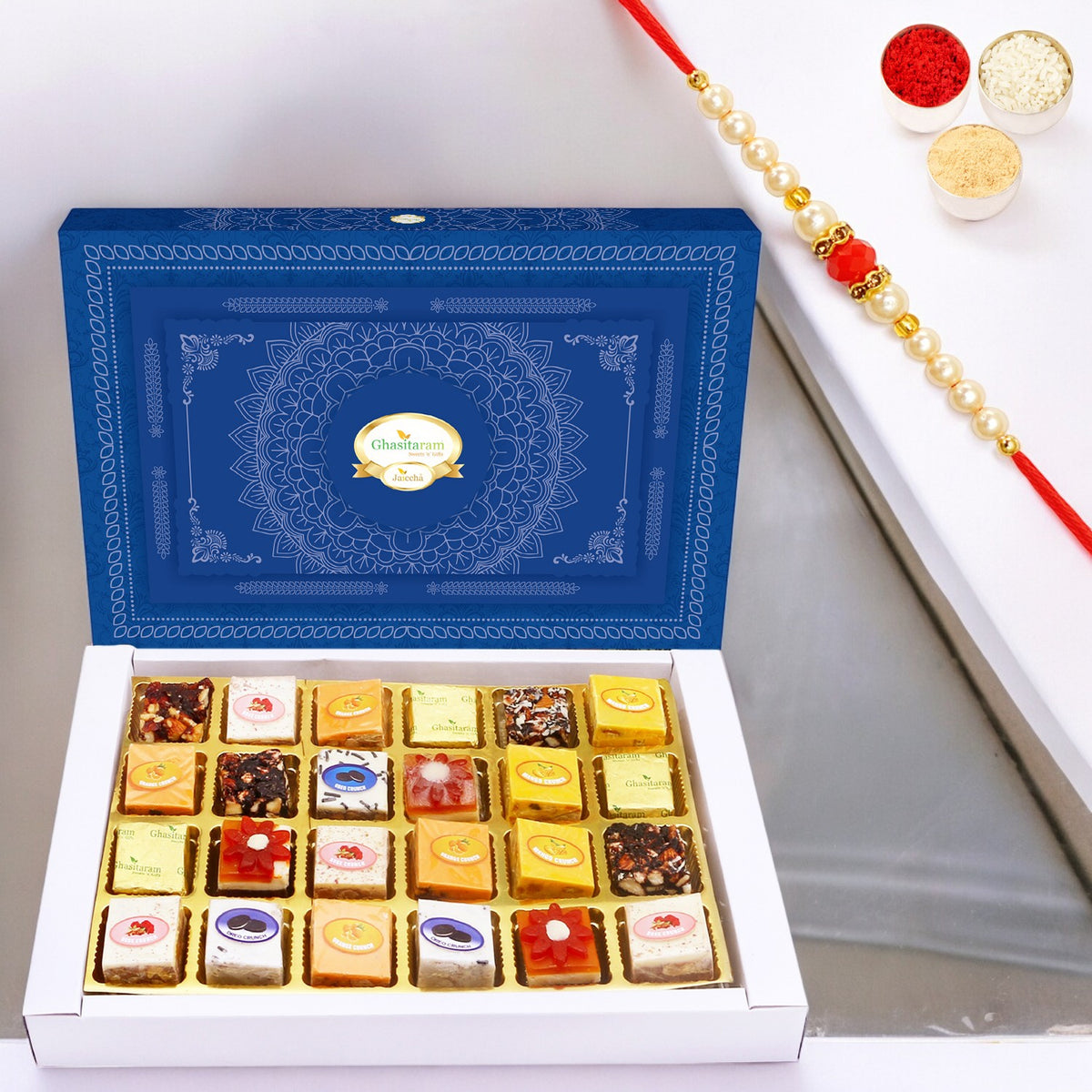 All Bites Sweets Box  with Pearl Beads Rakhi | Rakhi Sweets | Gift for Bhai