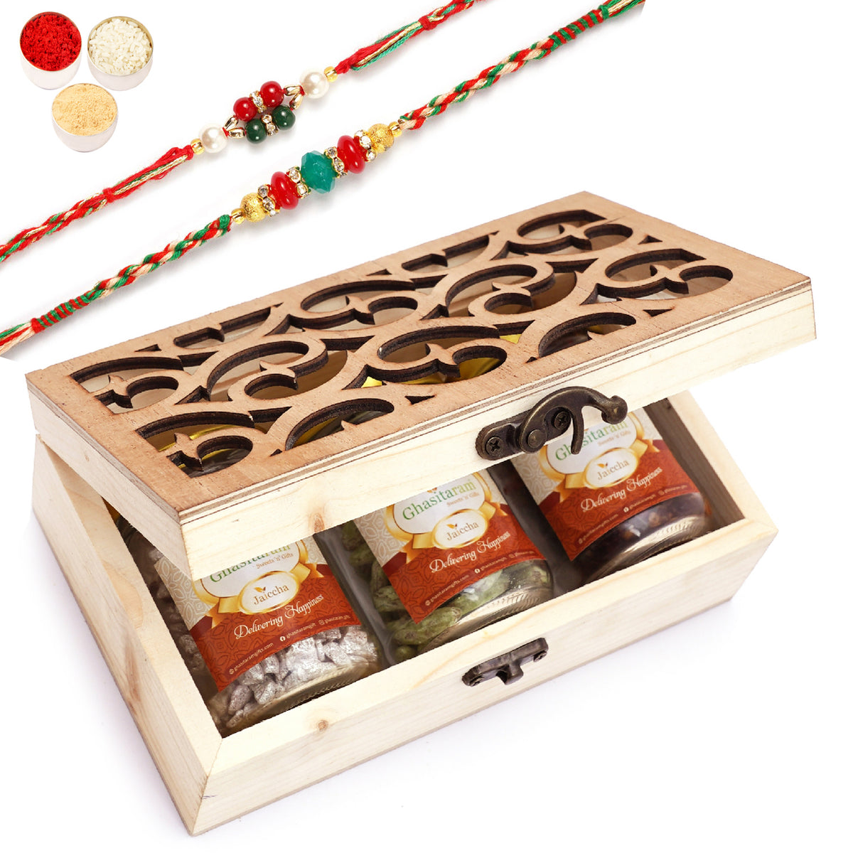 Natural Wood Carving Box With Paan Raisins, Silver Supari and Banarsi Paan With 2 Rakhis
