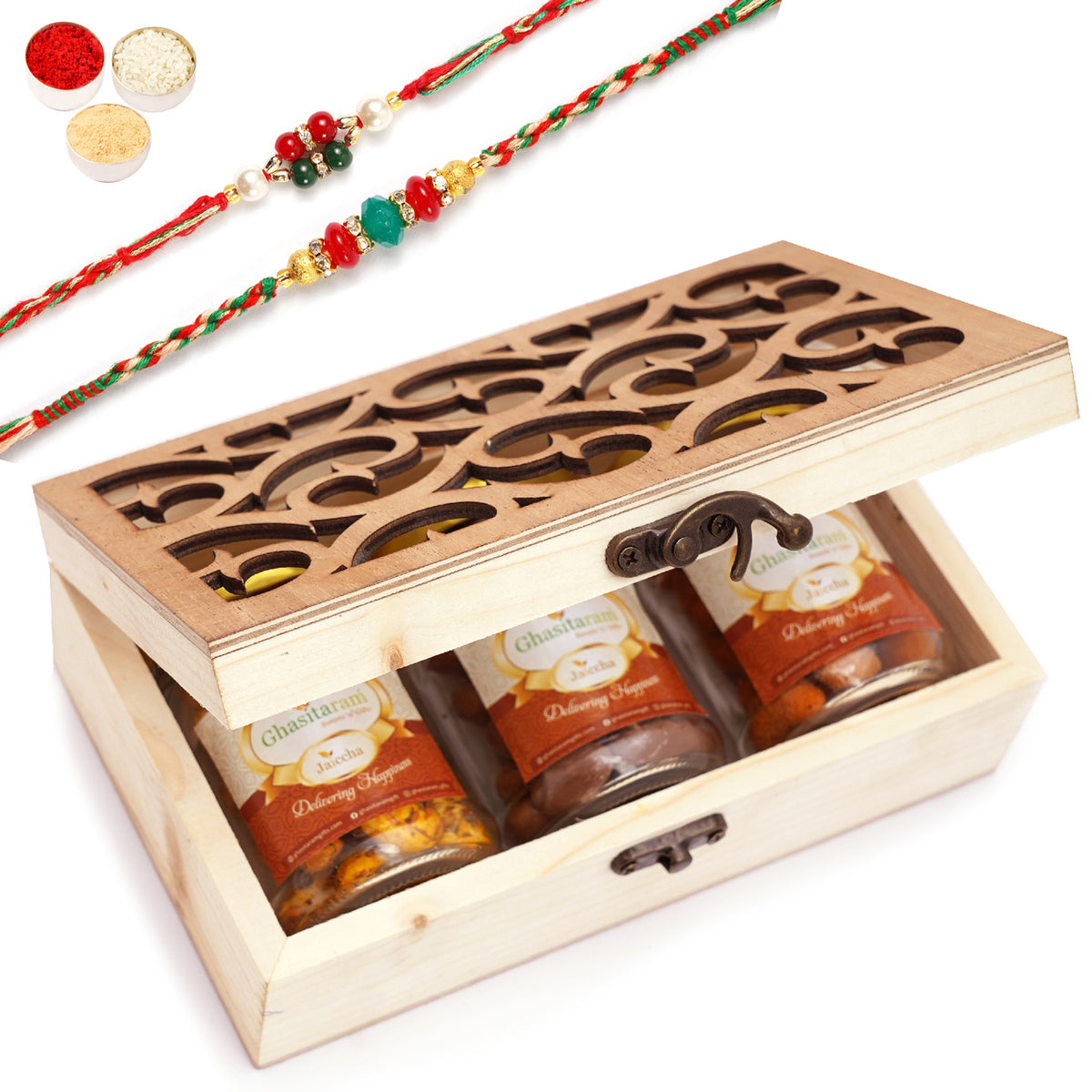 Natural Wood Carving Box With Chocolate Coated Cashews, Crunchy Cashews and Garlic Cashews With 2 Rakhis