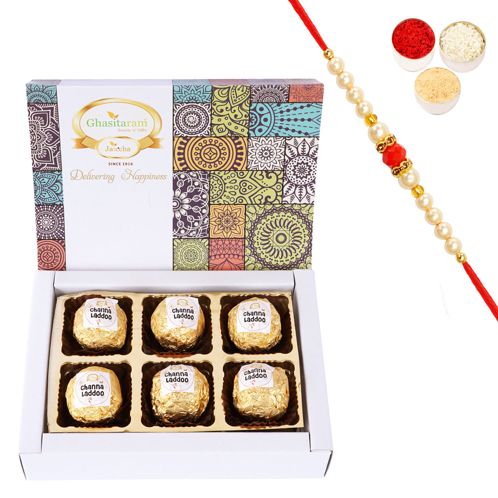 Rakhi Gifts Sweets-Channa Laddoos 6pcs With pearl beads rakhi