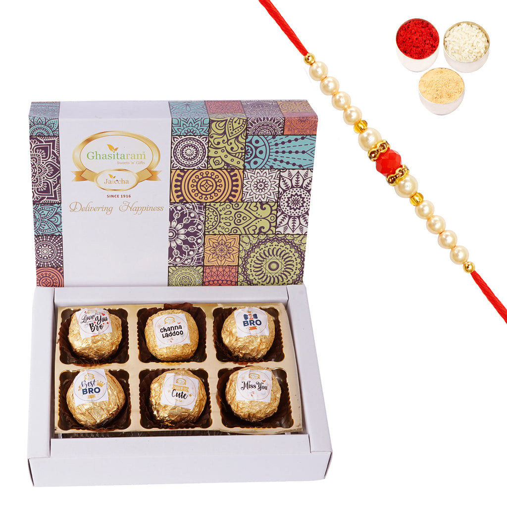 Rakhi Gifts Sweets-Channa Laddoos 6pcs with Captions With pearl beads rakhi