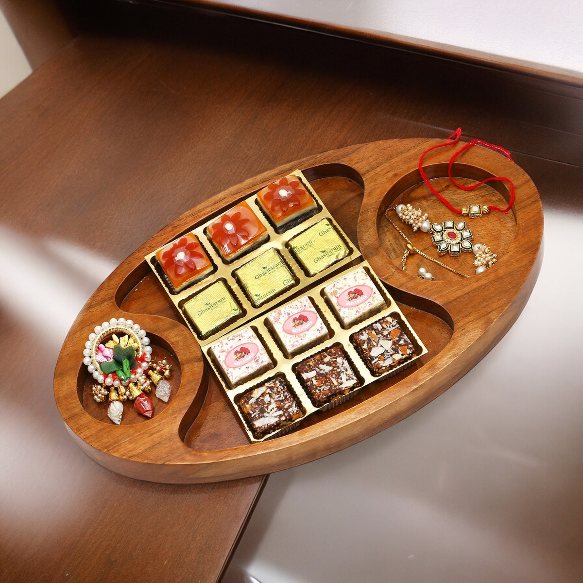 Rakhi Gifts-Chip n Dip Platter of assorted bites, Roli Chawal Container and Bhaiya Bhabhi Rakhis