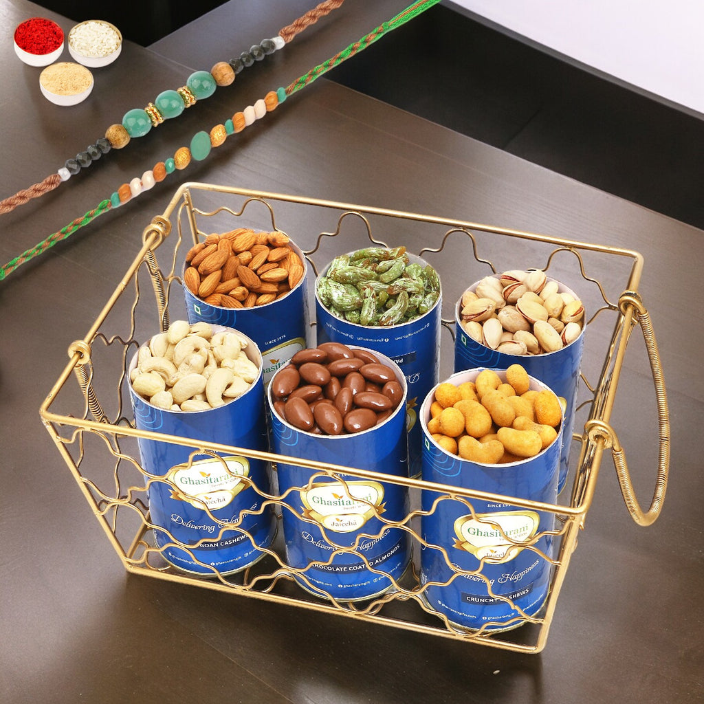 Rakhi Gifts-Designer Metal Basket of 6 Cans With 2 Green Beads Rakhis