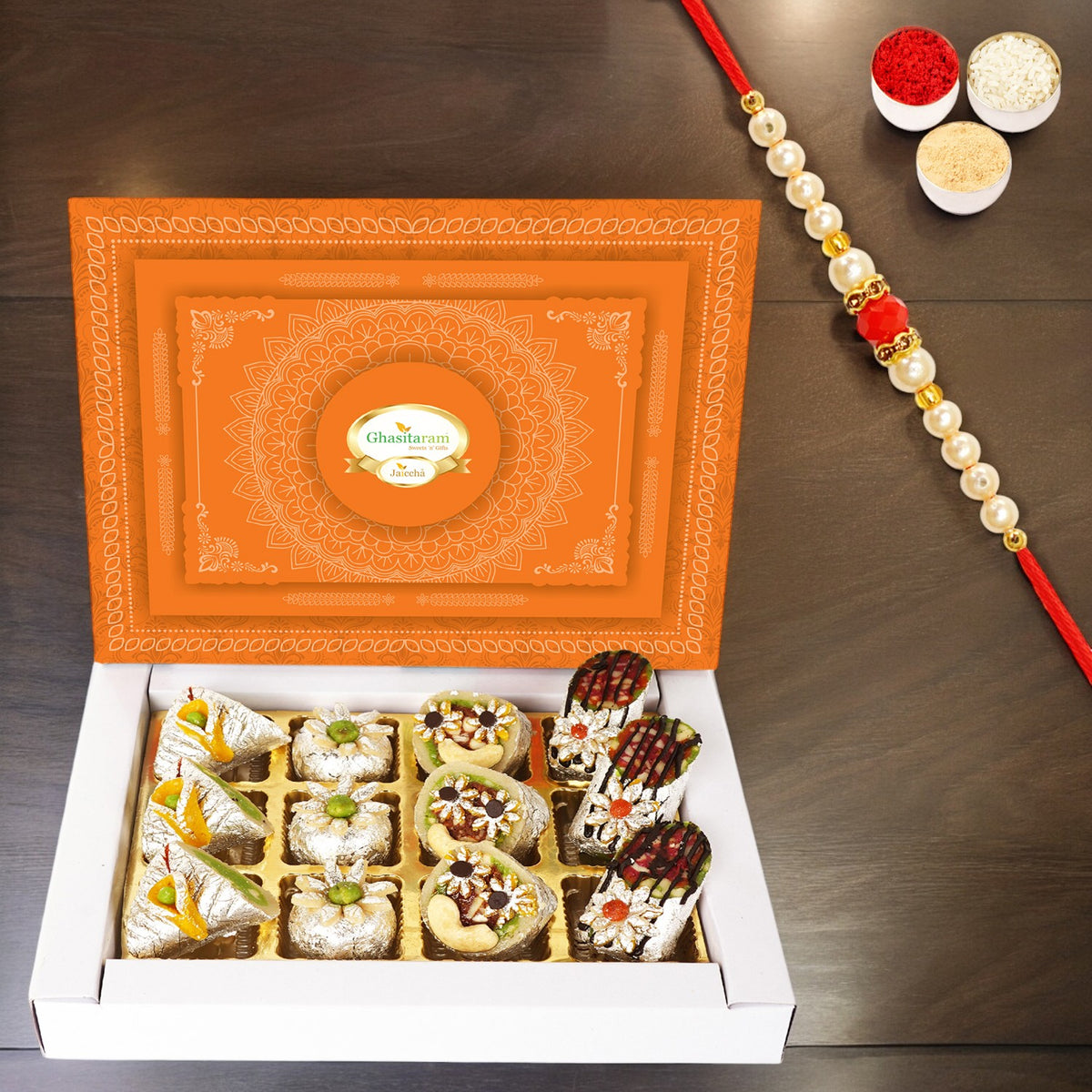 Exotic Dryfruit Sweets (6 pcs) with Pearl Beads Rakhi | Rakhi Gifts | Healthy Raksha Bandhan Sweets