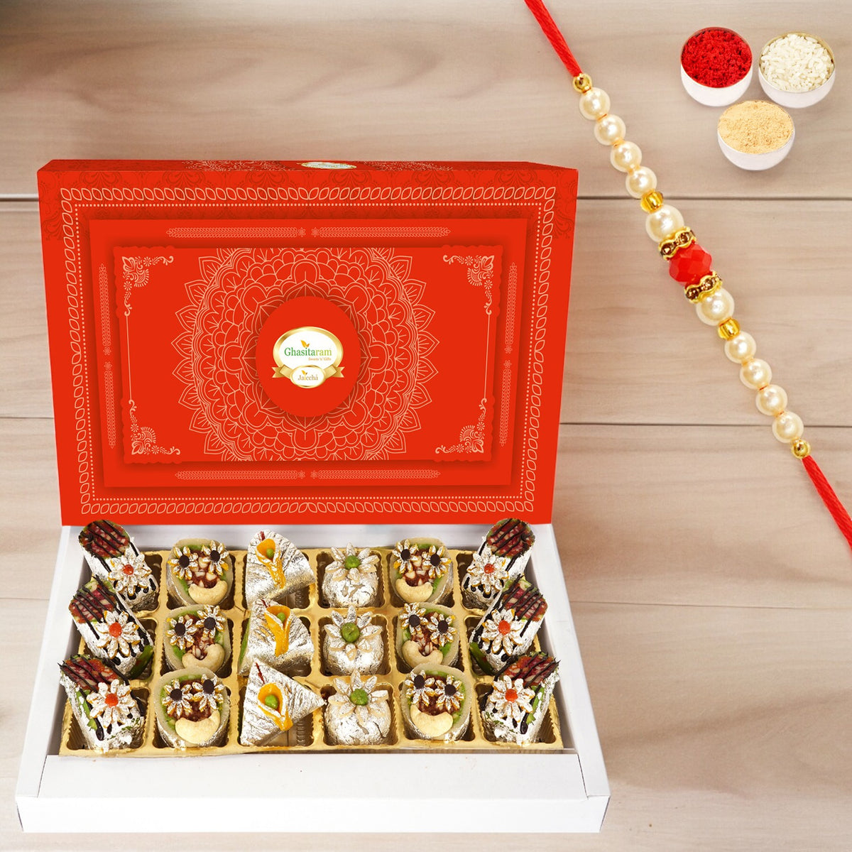 Exotic Dryfruit Sweets (6 pcs) with Pearl Beads Rakhi | Rakhi Gifts | Healthy Raksha Bandhan Sweets
