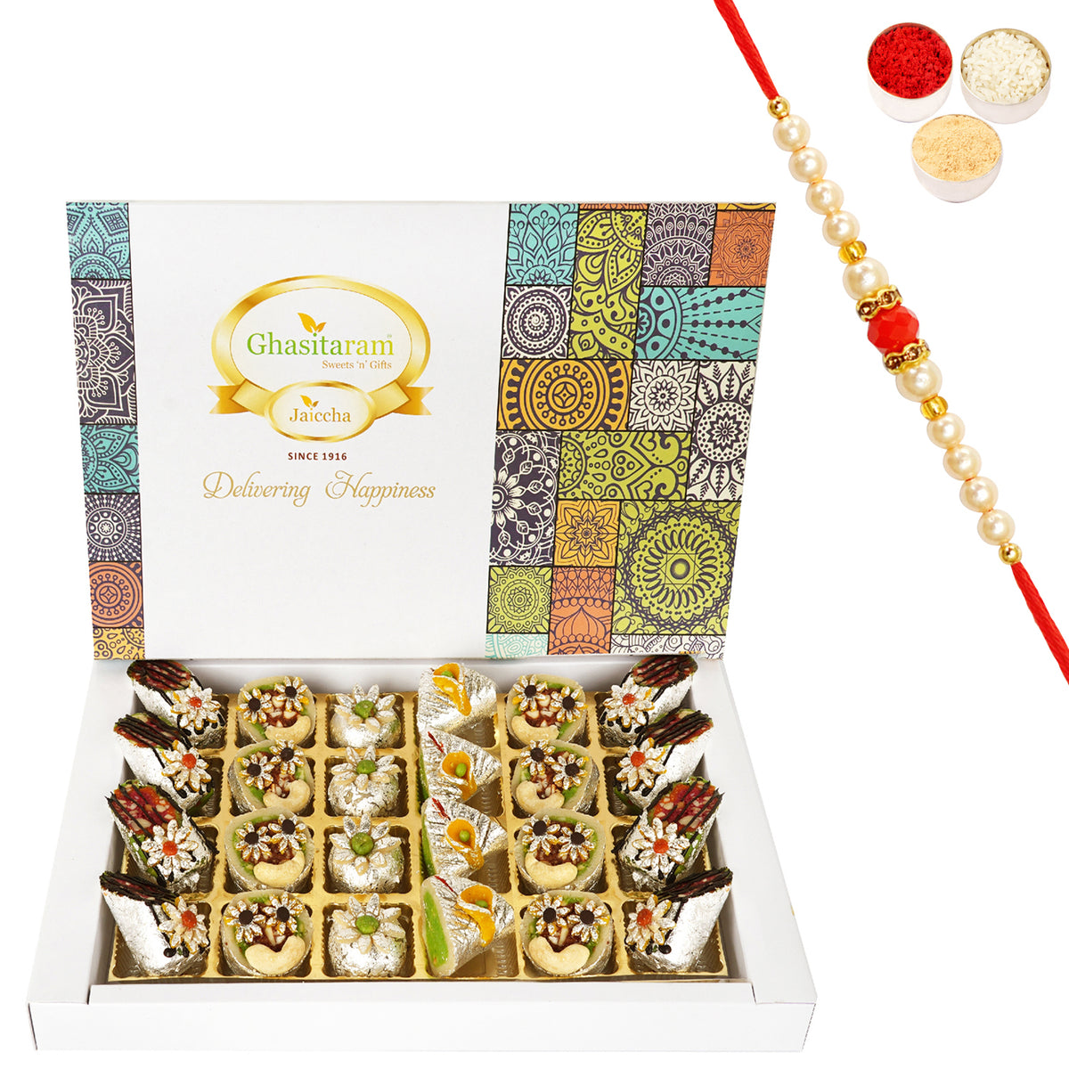 Exotic Dryfruit Sweets (6 pcs) with Pearl Beads Rakhi | Rakhi Gifts | Healthy Raksha Bandhan Sweets