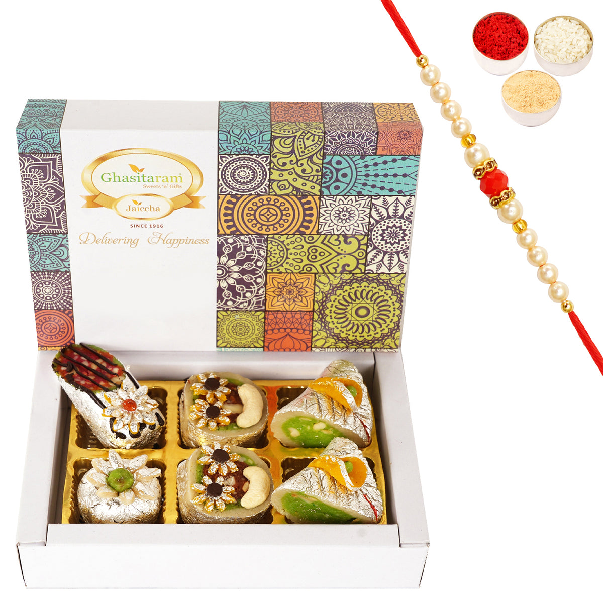 Exotic Dryfruit Sweets (6 pcs) with Pearl Beads Rakhi | Rakhi Gifts | Healthy Raksha Bandhan Sweets