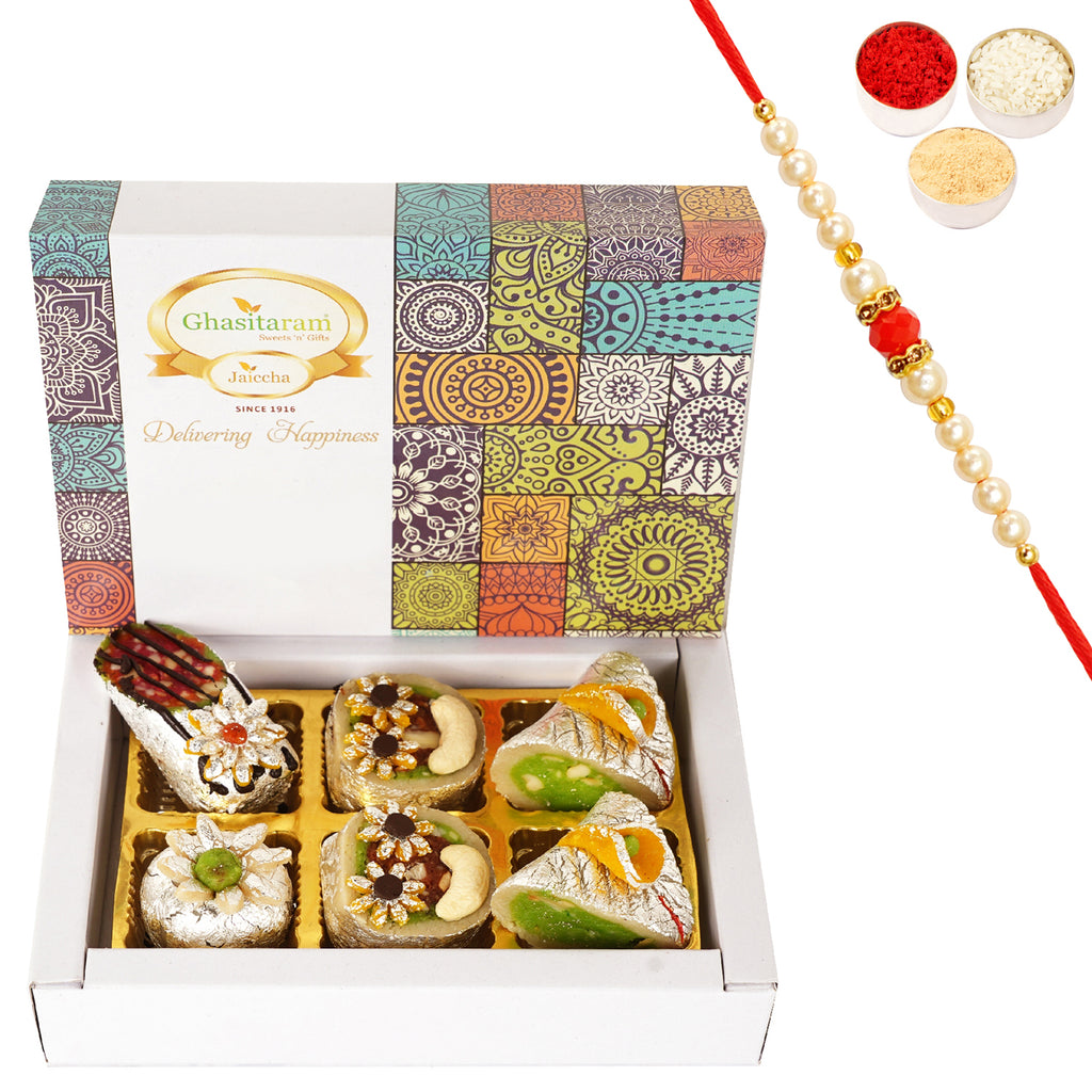 Exotic Dryfruit Sweets 6 pcs With Pearl Beads Rakhi