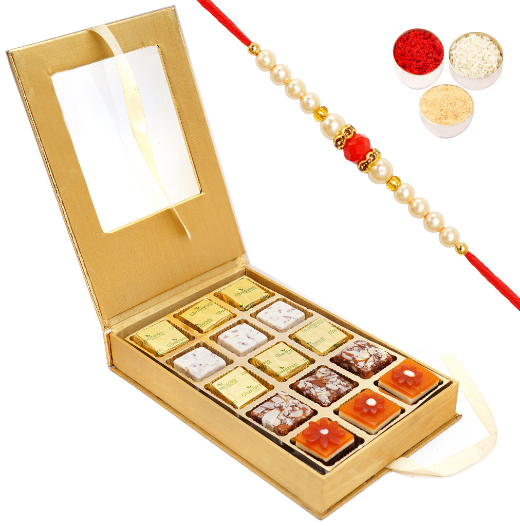 Rakhi Gifts Sweets-Golden Leather box Assorted Choco Bites With pearl beads rakhi