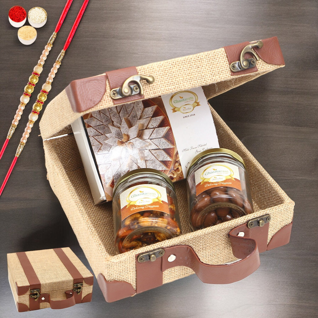 Rakhi Gifts-Jute Box of Chocolate Alomnds, Mix Dryfruits and Kaju Katli With 2 pearl Rakhis