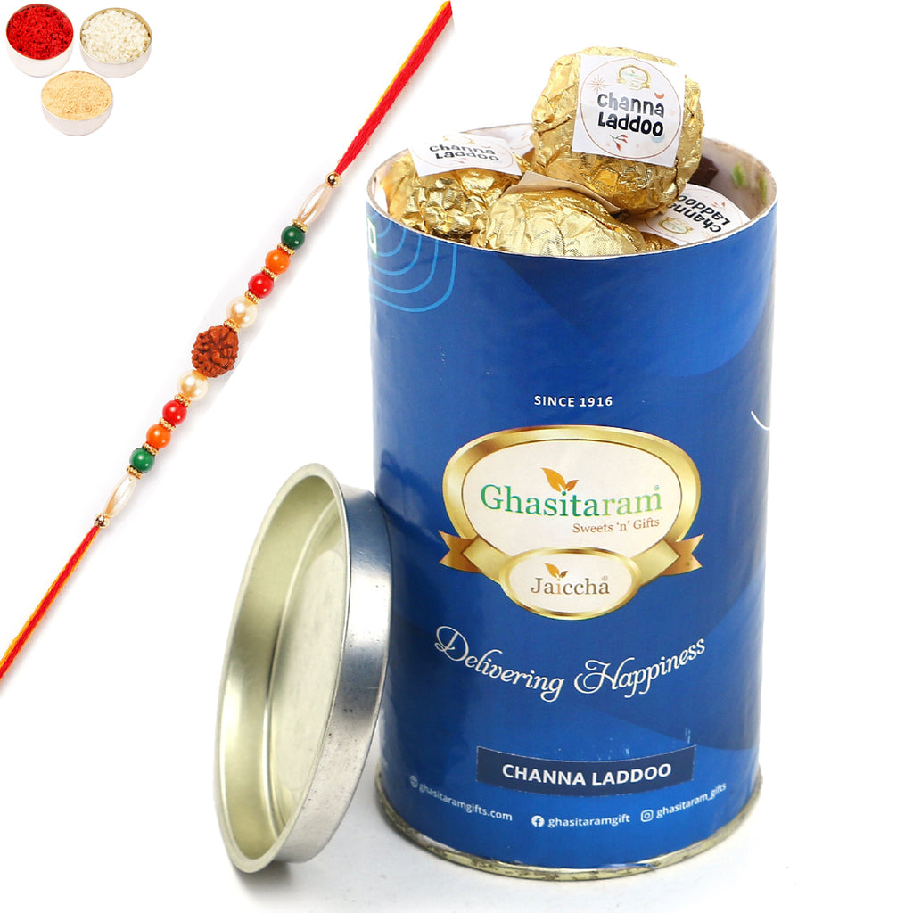 Rakhi Gifts Sweets-Channa Laddoo Can With rudraksh Rakhi